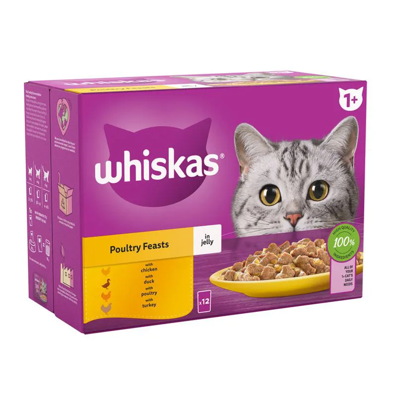 Whiskas 1+ Poultry Feasts in Jelly Wet Adult Cat Food 40x85g Pouches